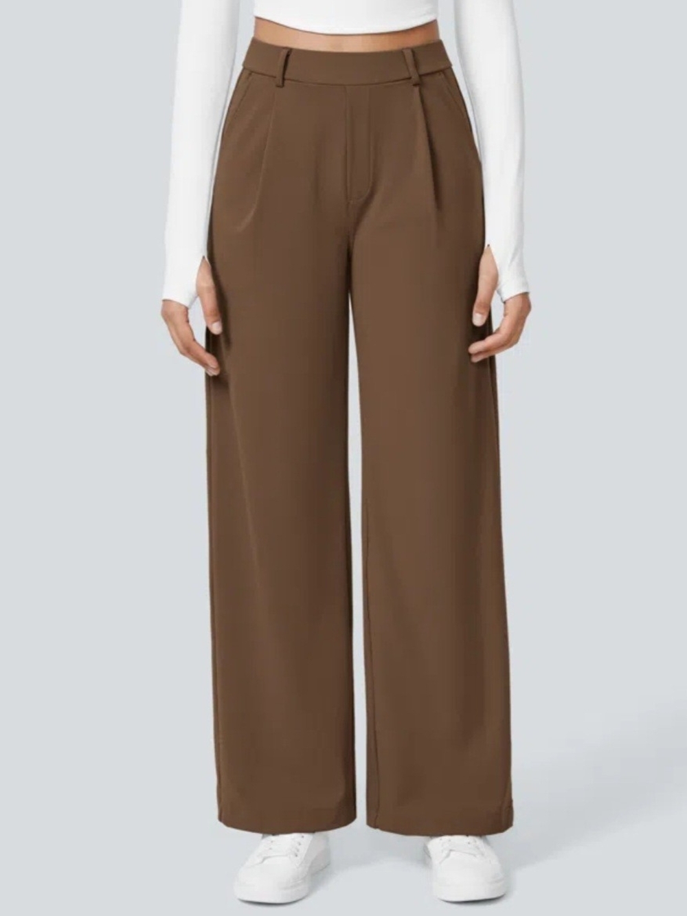 HALARA Wide Leg Pleated Trousers in Brown
